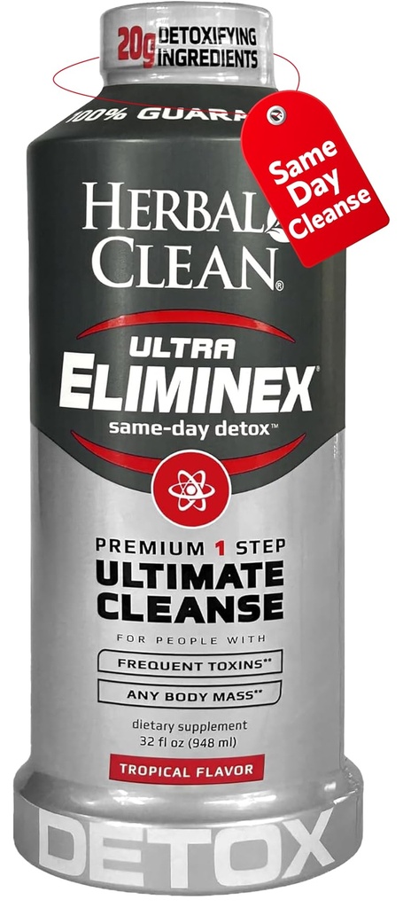 Herbal Clean Same Day Ultra Eliminex Detox Cleanse Drink* (32 fl oz) - Tropical Fruit Flavor Full Body Cleanse Detox Drink with Milk Thistle Seed* for high Toxin*, Vitamina B12 for Men &amp; Women
