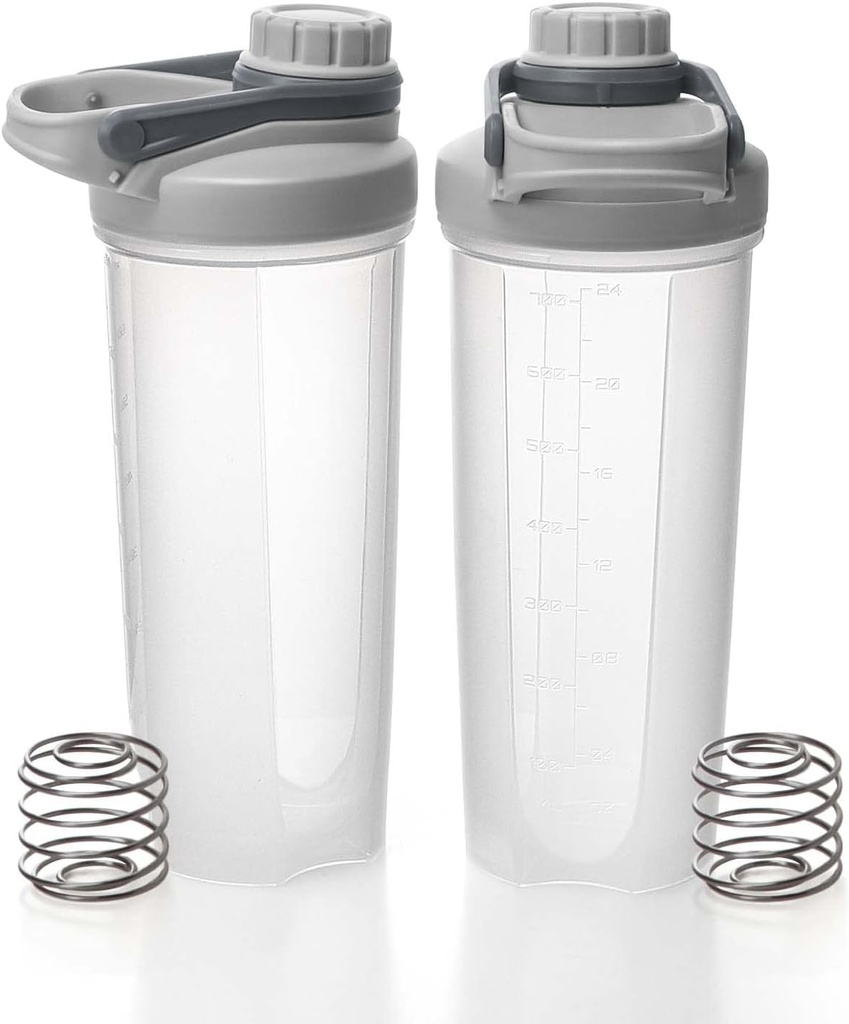 EYMPEU 2 Pack Shaker Botellas para Protein Mixes BPA & libre de ftalato, tapa de tornillo sólido Leakproof Shaker Cup Dishwasher Caja de seguridad para Protein Shakes 24oz, Clear Grey