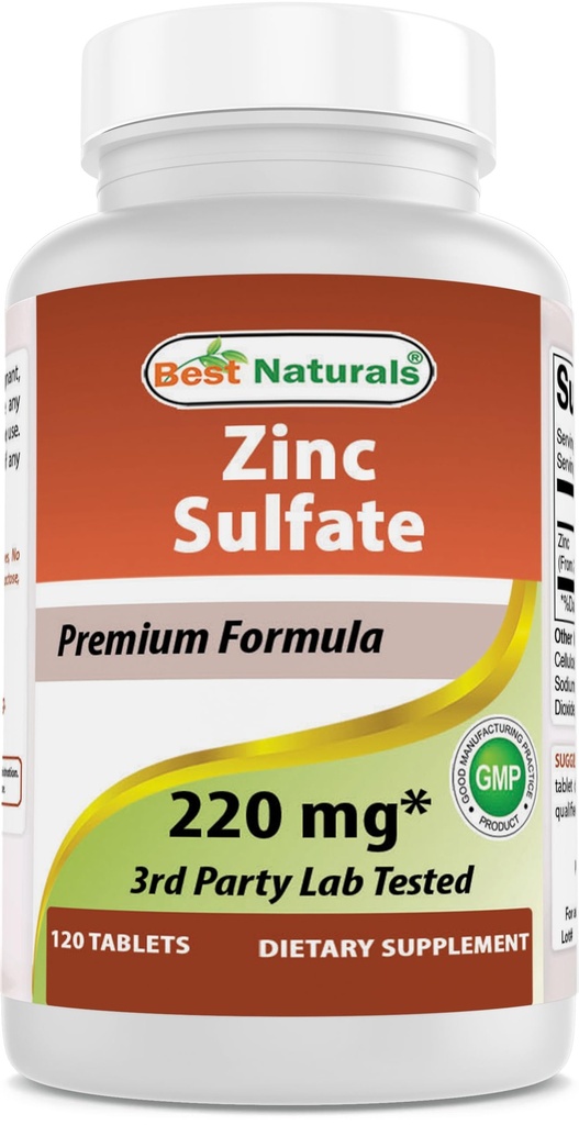Mejores Naturales Sulfato de zinc 220 mg 120 Tabletas - 3er laboratorio de partido probado - hecho en los EE.UU. - Gluten Gratis &amp; No GMO