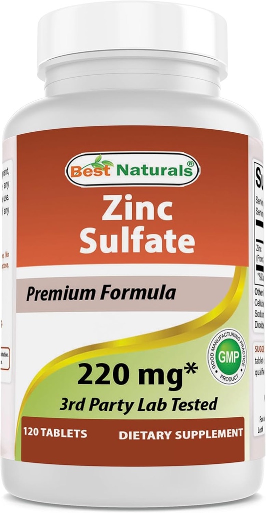 Mejores Naturales Sulfato de zinc 220 mg 120 Tabletas - 3er laboratorio de partido probado - hecho en los EE.UU. - Gluten Gratis &amp; No GMO