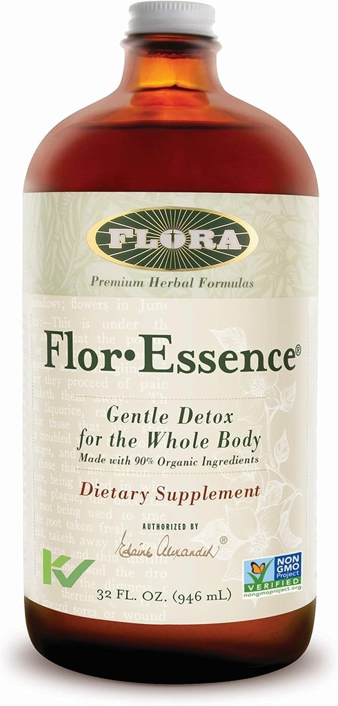 Flora Flor Essence Liquid Tea Blend 32oz LARGE - Gentle Detox Cleanse with Burdock Root, Slippery Elm, Kelp, Thistle - Premium Organic Ingredients