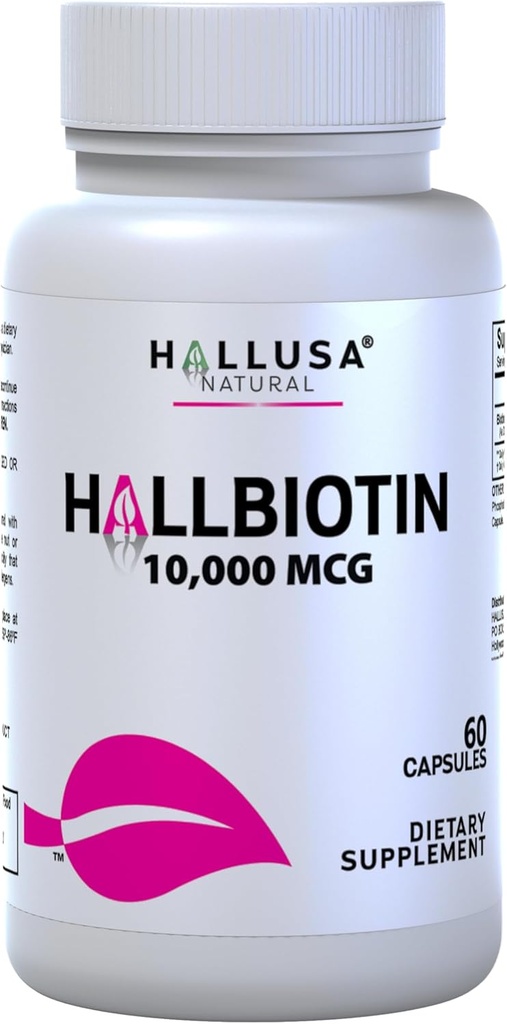 Hallusa Natural Biotin Capsules 10,000 mcg Cabello saludable, Esquí &amp; uñas - Pastillas para la caída del Cabello - Crecimiento del Cabello – Crecimiento de la Barba - Alopecia y calvicie - 60 cápsulas