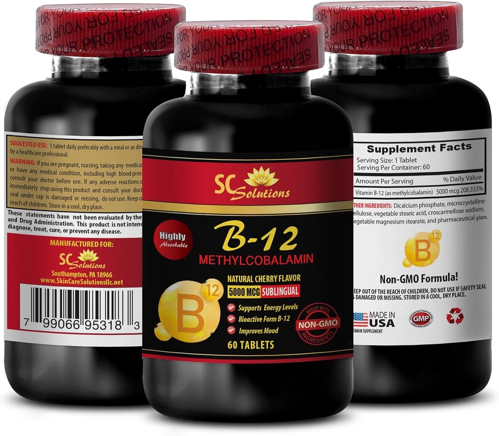 suplementos de vitamina b12 y magnesio - METHYLCOBALAMIN VITAMIN B-12 5000 - mejores vitaminas para mujeres mayores de 50 más energía, mejores vitaminas para hombres mayores de 40, cápsulas de impulsor de energía - 1 Botella 60 Tablets