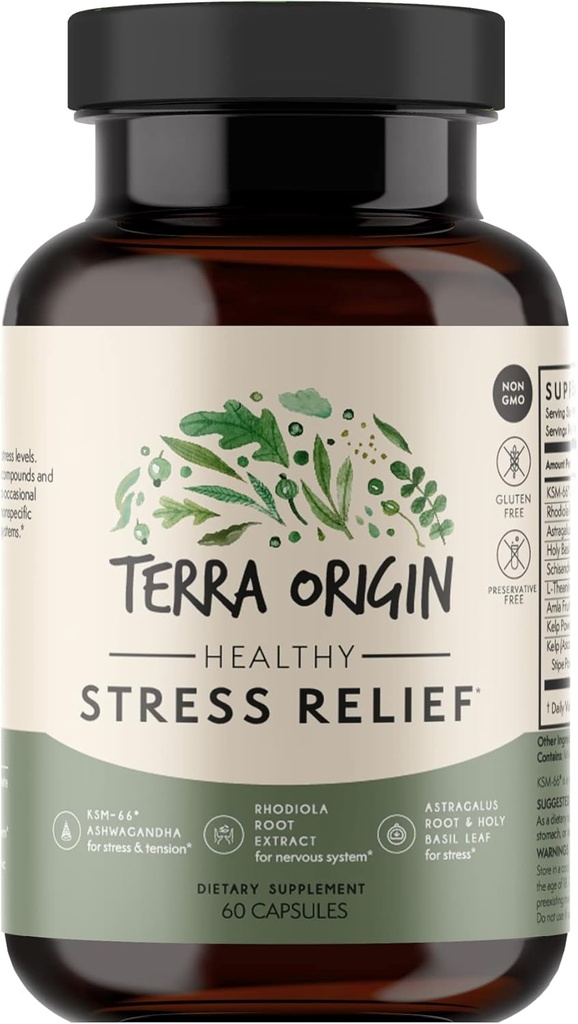 TERRA ORIGIN Healthy Stress Supplement TEN 60 Capsules TEN KSM-66 Organic Ashwagandha, L-Theanine, Rhodiola Extract, Astragalus Root and Holy Basil TEN Stress and Mood Support