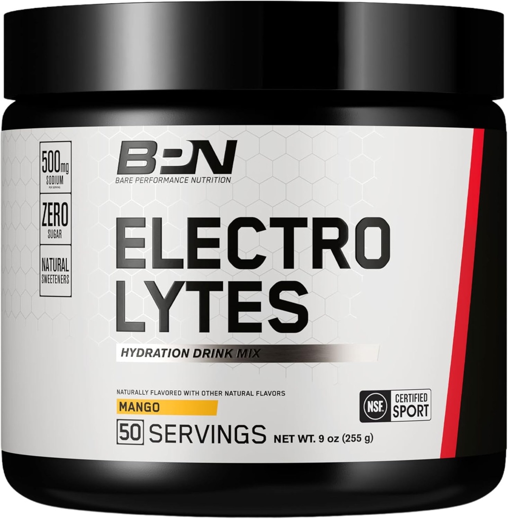 BARE PERFORMANCE NUTRITION BPN Electrolytes Hydration Drink Mix ¦ Sugar Free Electrolyte Powder TEN 500mg Sodium per Serving TEN Naturally Sweetened TEN Mango, 50 Servings