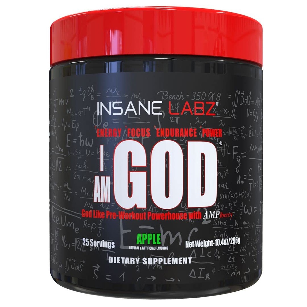 I am God Pre Workout, High Stim Pre Workout Powder cargado con Creatine y DMAE Bitartrate Fueled by AMPiberry, Energy Focus Endurance Muscle Growth,25 Srvgs, Apple