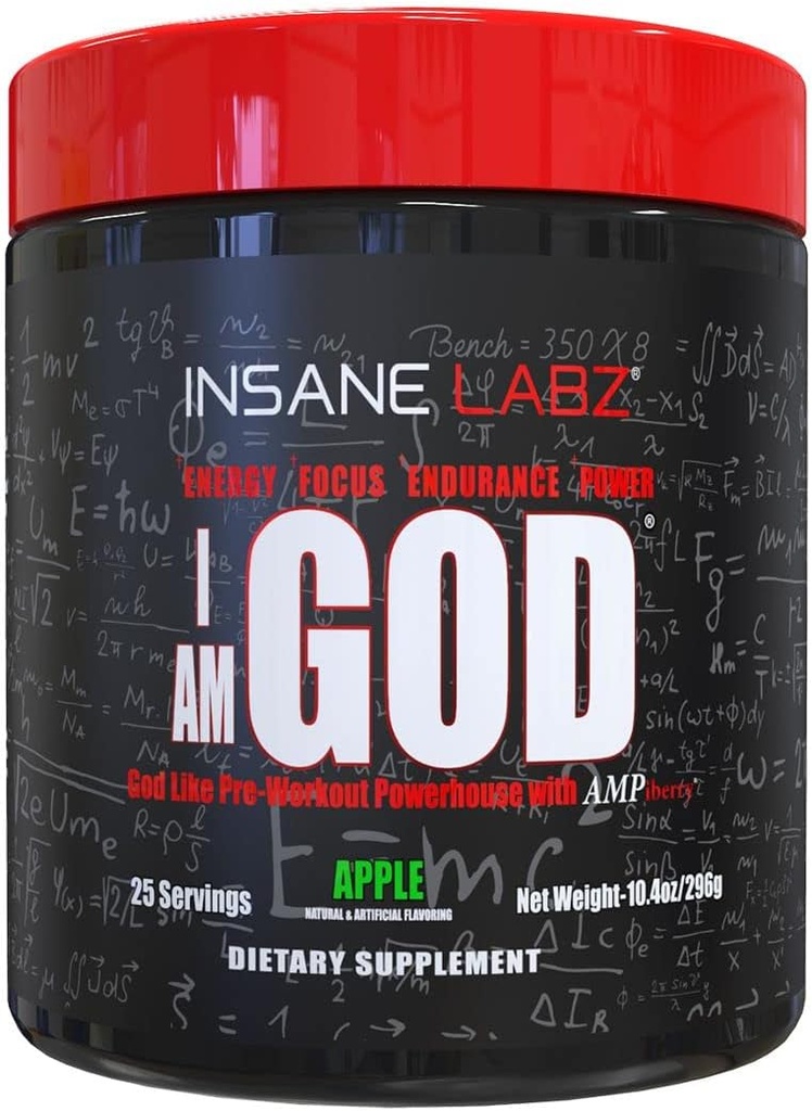 I am God Pre Workout, High Stim Pre Workout Powder cargado con Creatine y DMAE Bitartrate Fueled by AMPiberry, Energy Focus Endurance Muscle Growth,25 Srvgs, Apple