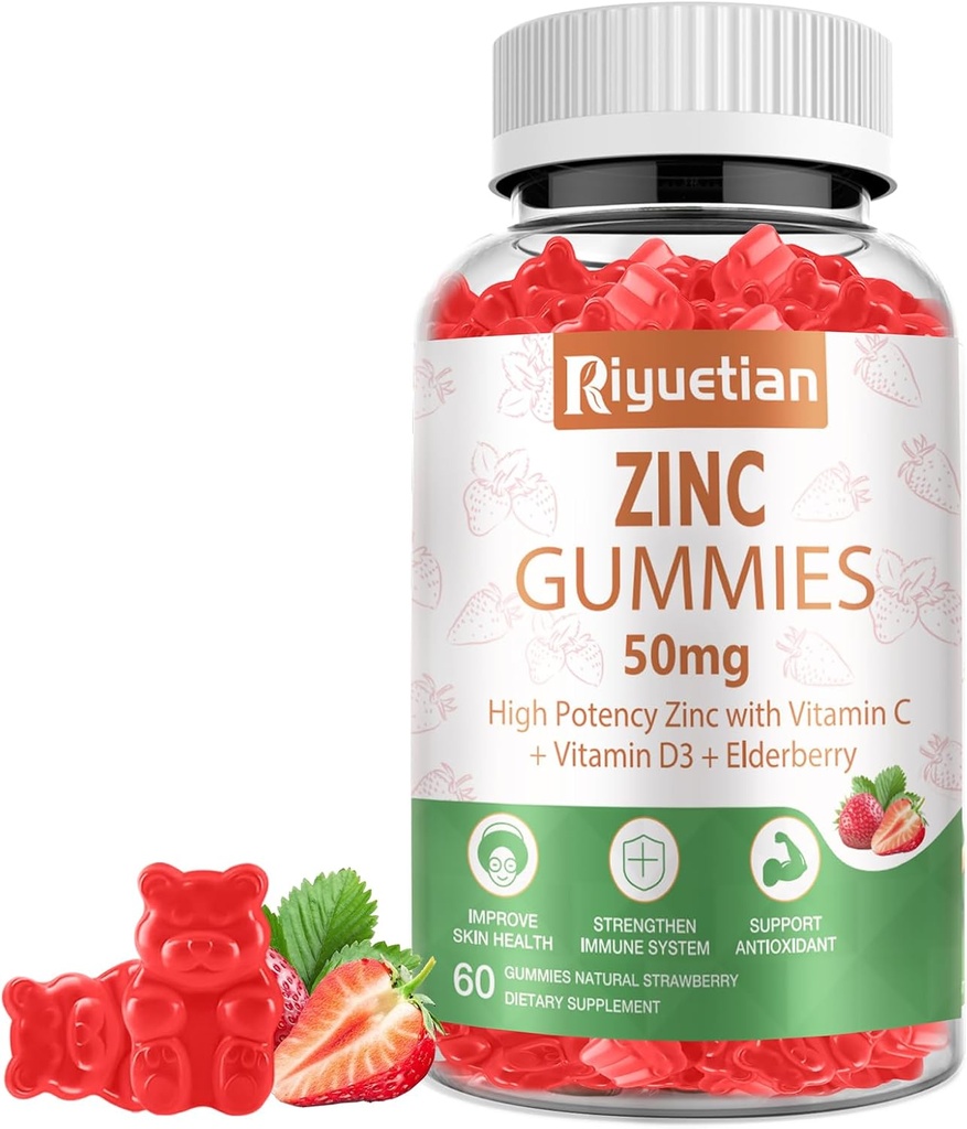 Zinc Gummies - 50mg Zinc de alta potencia con vitamina C + Vitamina D3 + Elderberry - Immune Health Support - Vegan, Non-GMO y Gluten Gratis - 60 Gummies