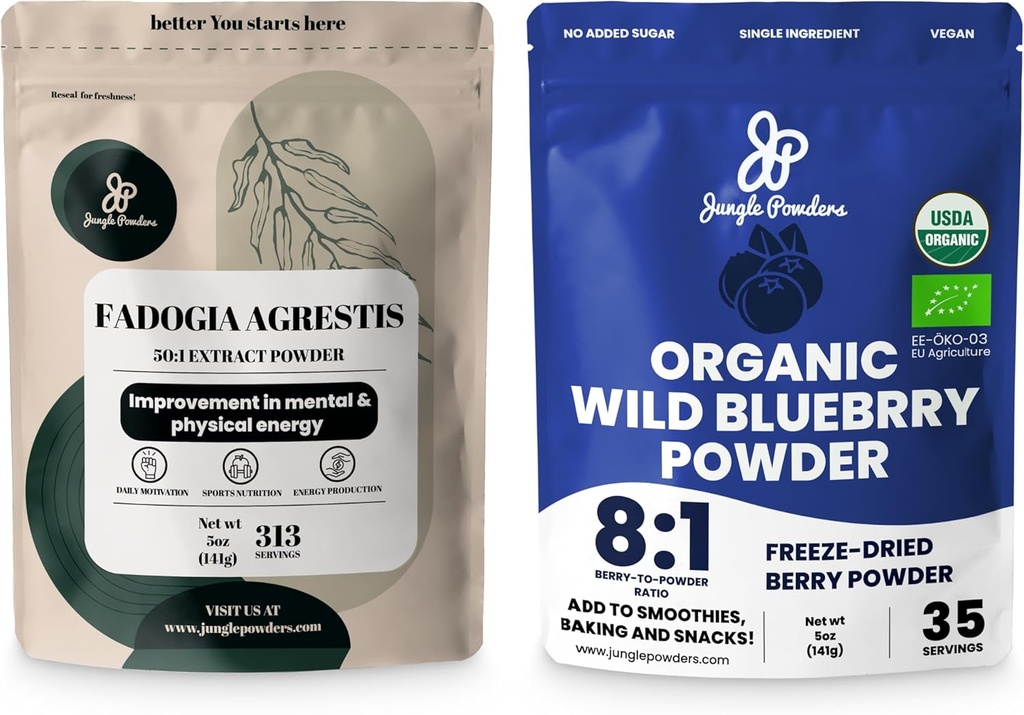 Polvos de jungla Salud &amp; Vitality Bundle: 5oz Fadogia Agrestis Extract Powder for Drive & Passion + 5oz USDA Certified Organic Blueberry Powder for Enhanced Wellness in Smoothies & Baking!