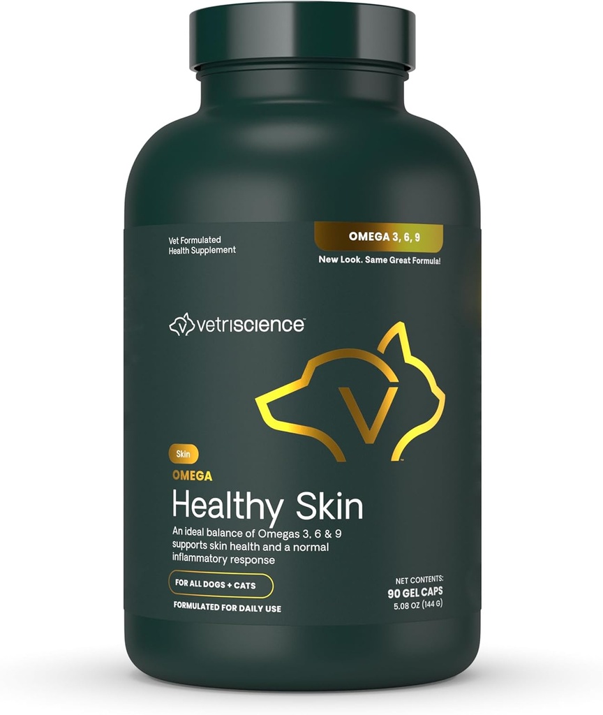 VetriScience Omega Healthy Skin Capsules, Omega 3.6.9 Suplemento de aceite de pescado para perros y gatos, salud de la piel, crecimiento de la carne, reducción de la cama, más de 750 mg ácidos grasos Omega por cápsula, Gel Caps, 90 Conde