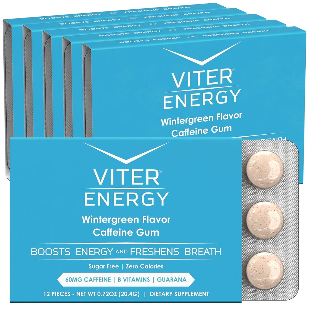 Viter Energy Caffeinated Gum 60mg Caffeine, B Vitaminas, Guarana, Sugar Gratis. (Wintergreen, 12pcs, 6 Pack)