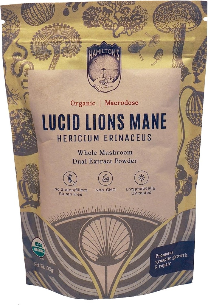 La Mana de León Lucid de Hamilton tóxico Orgánica de Mushroom Extract Powder para la Reparación Sinapsa, Factor de Crecimiento Nerve, Focus, Memory y Concentration TEN High Potency TEN 30% Beta Glucans TEN GF, Non-GMO, Vegan (100g)