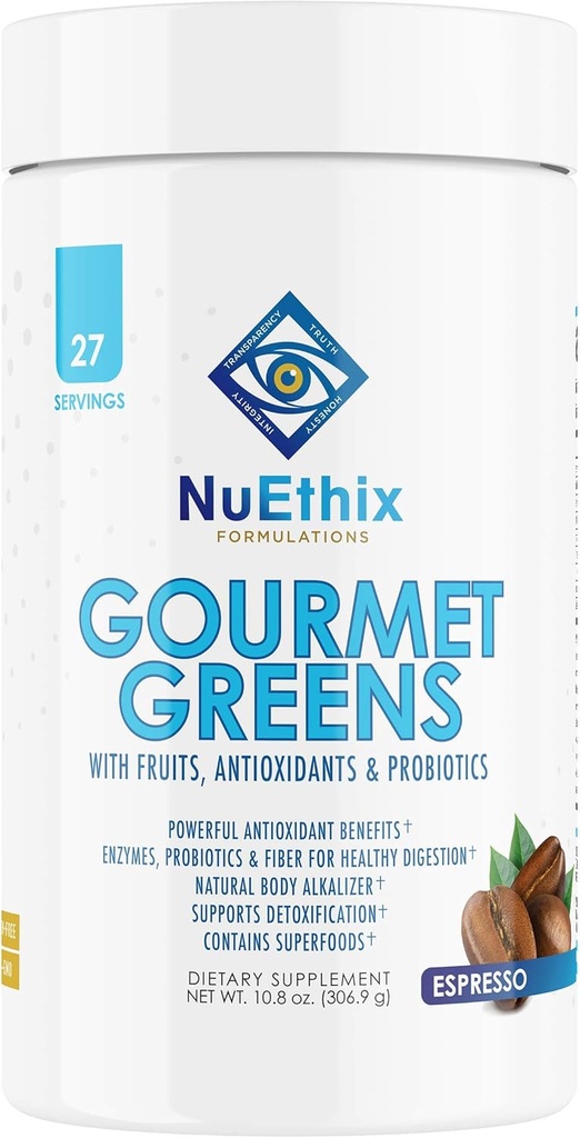 NuEthix Formulations Gourmet Greens Drink Powder Dietary Supplement with Fruit and Vegetable Superfoods and Probiotics, Espresso, 27 Servings