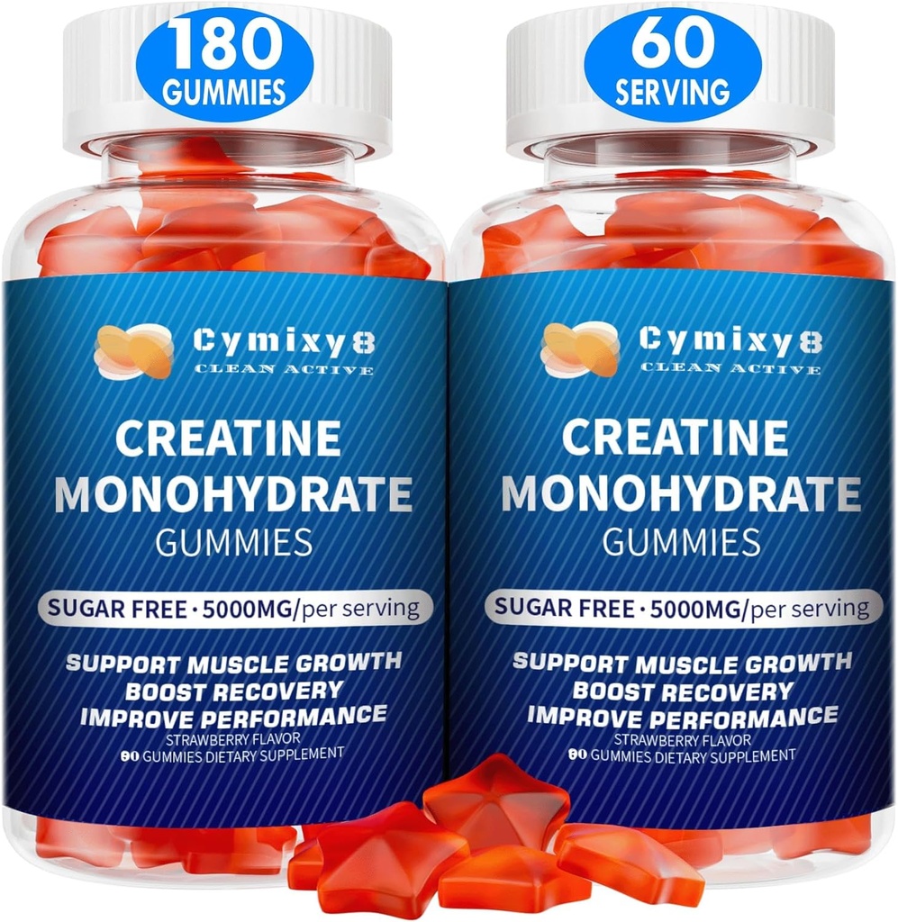 Creatine Monohydrate Gummies 5g for Men & Women, 7100mg with Liposomal Taurine, BCAA, Alpha GPC, B12, Creatine Monohydrate Chews for Muscle Growth, Strawberry Flavor, 180Count