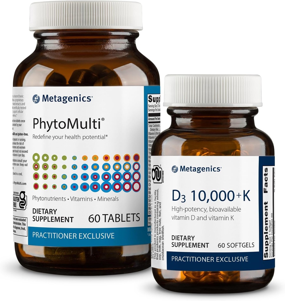 Metagenics Essential Wellness Duo: D3 10,000 + K - for Immune Support, Bone Health & Heart Health - 60 Softgels & PhytoMulti Without Iron - Daily Multivitamin for Overall Health & Aging - 60 Tablets