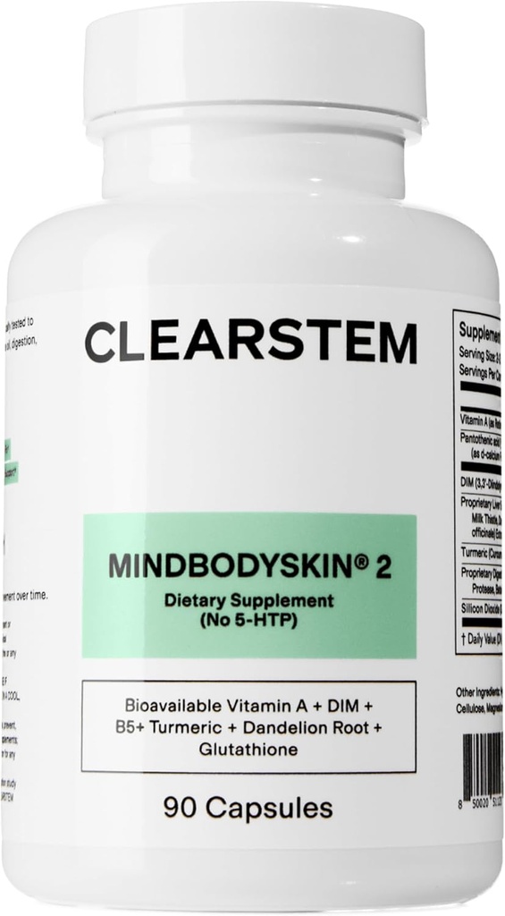 CLEARSTEM - MINDBODYSKIN Hormonal Acne Supplement (No 5-HTP) - Natural DIM Supplement - Skin Care Vitamins - Hormone Balance, Antioxidantes - Gluten Free, Cruelty Free - 30 Servings, 90 cápsulas