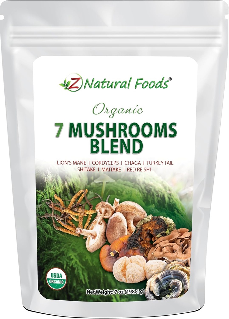 Z Natural Foods Organic 7 Sagrados Mushroom Blend - Mushroom Powder for Immune Health - Lion’s Mane, Cordyceps, Chaga, Red Reishi, Shiitake, Maitake &amp; Turquía Tail Extract for Coffee, Smoothies, 7 oz