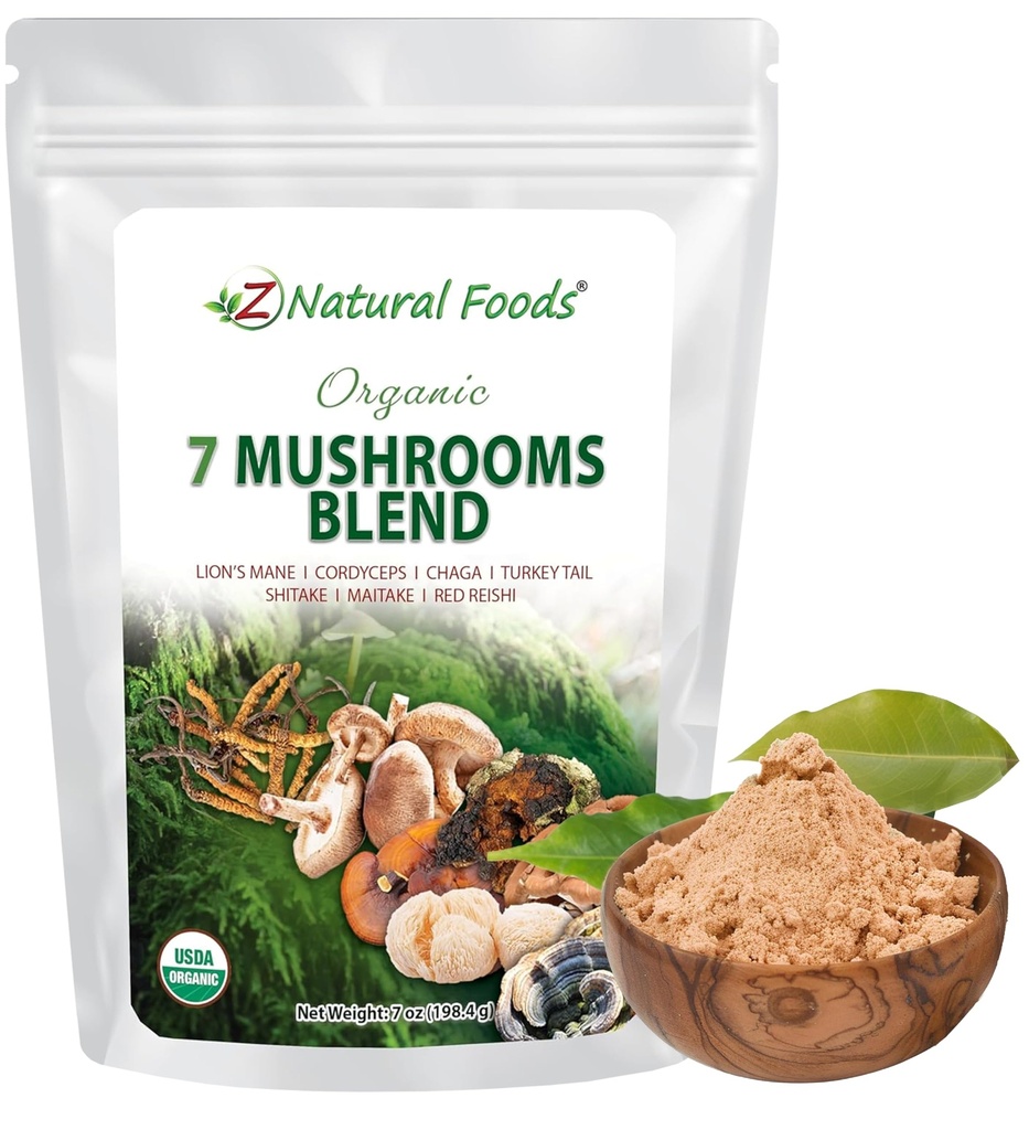 Z Natural Foods Organic 7 Sagrados Mushroom Blend - Mushroom Powder for Immune Health - Lion’s Mane, Cordyceps, Chaga, Red Reishi, Shiitake, Maitake &amp; Turquía Tail Extract for Coffee, Smoothies, 7 oz