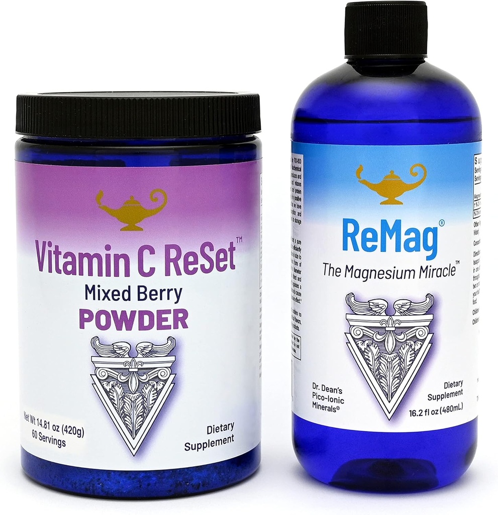RnA ReSet ReMag &amp; Vitamina C Reset Bundle – Suplemento de Magnesio Líquido (16.2 Fl Oz) & Powder de vitamina C sabor a baya (14.81 Oz)
