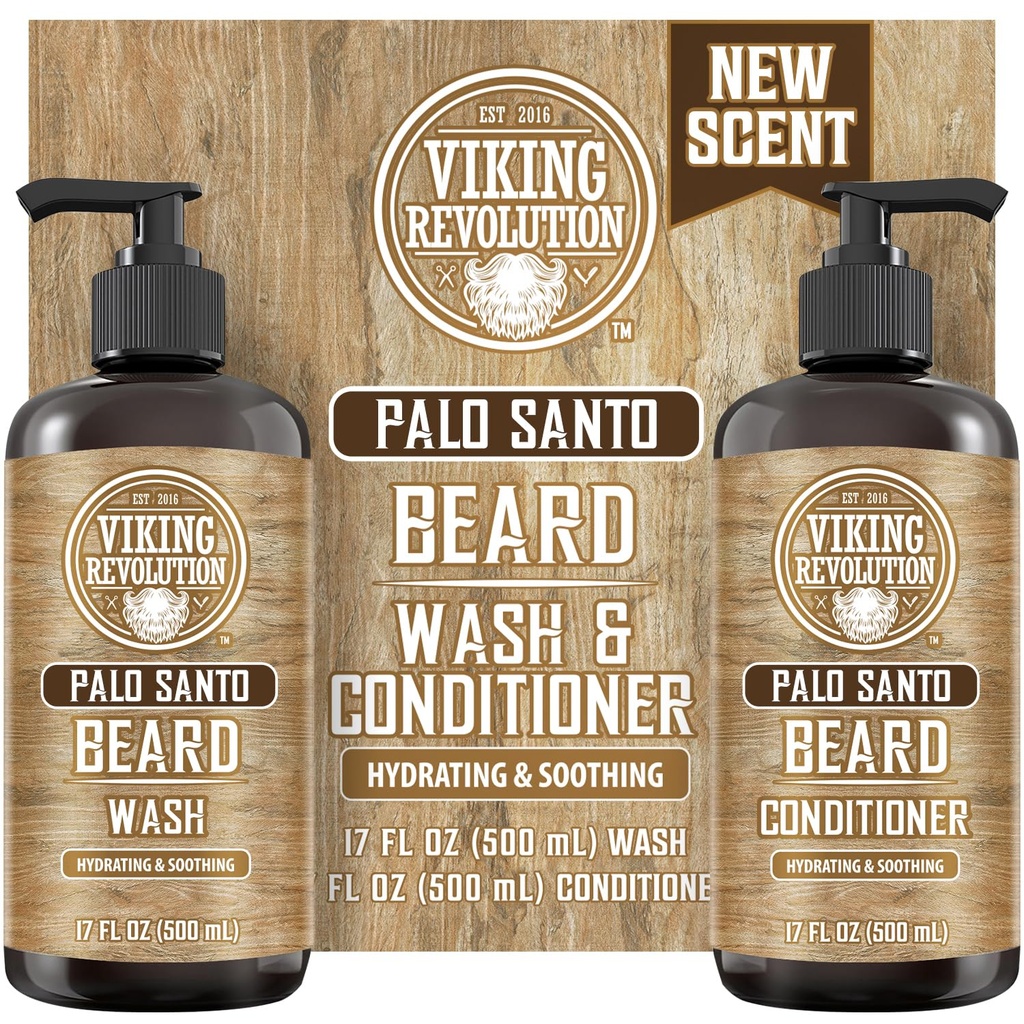 Vikingo Revolución Palo Santo Beard Wash and Beard Conditioner Conjunto con aceites Argan y Jojoba - Suaviza y fortalece - Natural Palo Santo Scent - champú de barba con extracto de raíz Ginseng (17 oz)