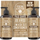 Vikingo Revolución Palo Santo Beard Wash and Beard Conditioner Conjunto con aceites Argan y Jojoba - Suaviza y fortalece - Natural Palo Santo Scent - champú de barba con extracto de raíz Ginseng (17 oz)