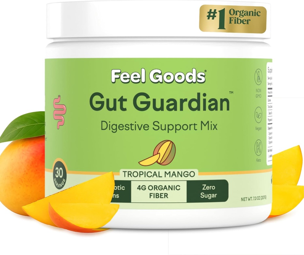 Feel Goods Gut Guardian, Fibra Orgánica, Polvo Prebiótico, Libre de Azúcar, Herbs for Bloat, Gut Health Support, Digestive Health for Men &amp; Women, Non GMO, Vegan, Tropical Mango, 30CT
