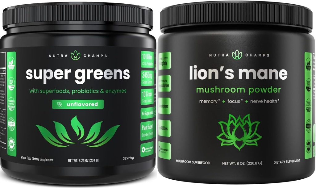 NutraChamps Super Green Unflavored & Lion's Mane Powder. Greens & Adaptogen Bundle