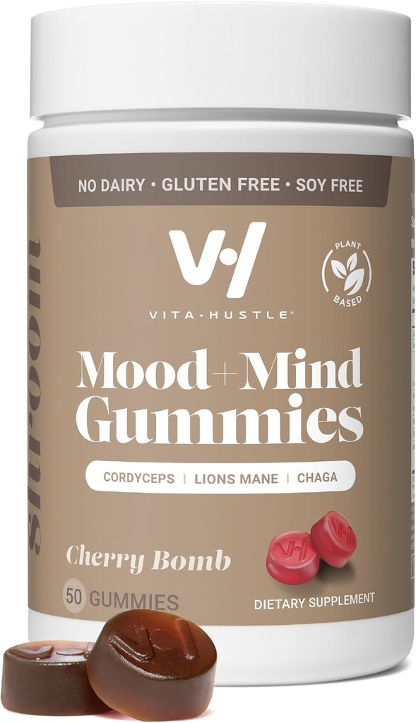 VitaHustle Super Mushroom Mood + Mind Focus Gummies, Lions Mane Mushrooms, Reishi, Chaga, Cordyceps, Vegan, Bajo Azúcar, No GMO, Cherry Flavor, 50 Conde