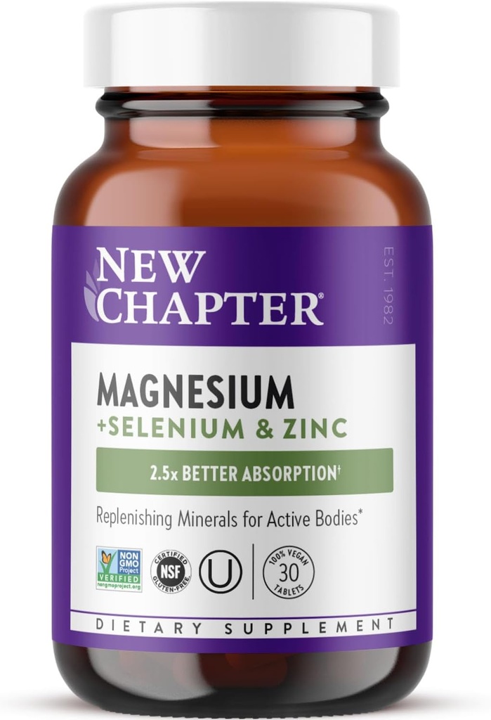 Nuevo capítulo Magnesio-Selenio-Zinc Suplemento, 325 mg Magnesio en tabletas de un día para cuerpos activos, rebote después del ejercicio con apoyo muscular Minerales + electrolitos hidratantes, 30 Conde