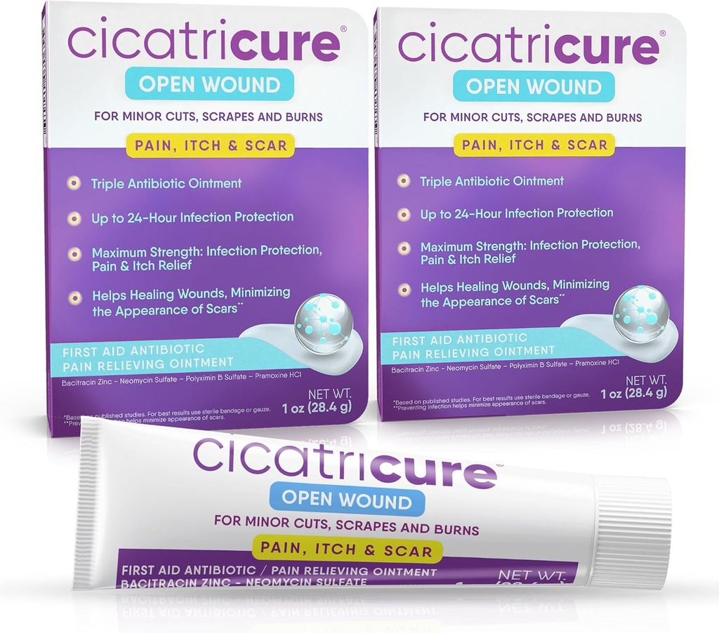 Cicatricure Triple Antibiotic Ointment with Pain Relief, Bacitracin Antibiotic Ointment & Cream for Wound Care, Healing Ointment for Cuts, Burns, Insect Bites, First Aid Supplies Essential, 1 oz