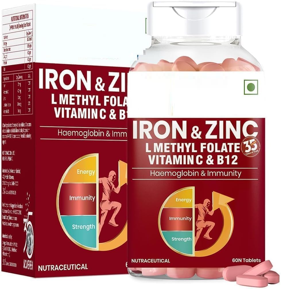 Iron &amp; Zinc Tablets Enriquecido con Vitamina C & B12 ← Inmunidad " Haemoglobin Booster ← Aumenta el nivel de HB + promueve los niveles de hierro saludables ← Reduce la fatiga, mejora la salud respiratoria " Energía sometida 60 T