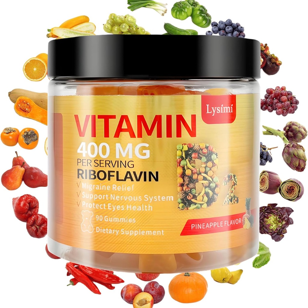 Vitamina B2 Gummies, Vitamina B2 Riboflavin Gummies 400mg, Migraine Relief & Headache Relief Riboflavin Vitamina B2 Gummies, Soy & Gluten-Free, 90 Vitamin Gummies para niños y adultos
