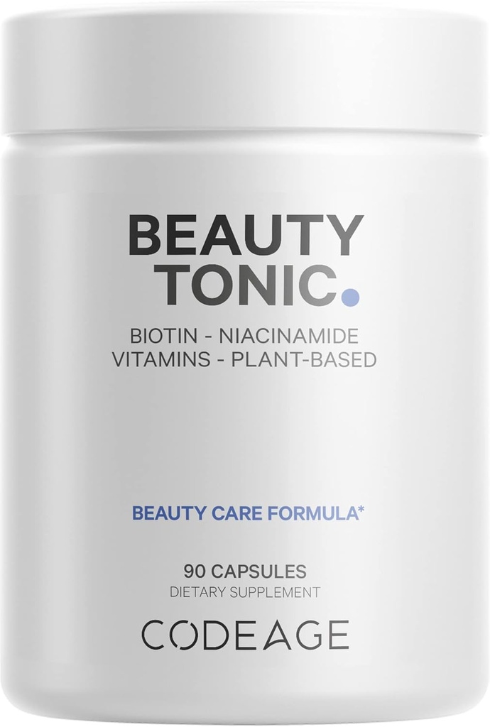 Codeage Biotin Supplement with Vitamin C, Vitamina E, Vitamina B6, Niacin, Folate, Organic Food Blend, Phytoceramides, Astaxanthin, Selenium - Beauty Tonic - Hair, Skin y Nail Support - Vegan, 90 Ct