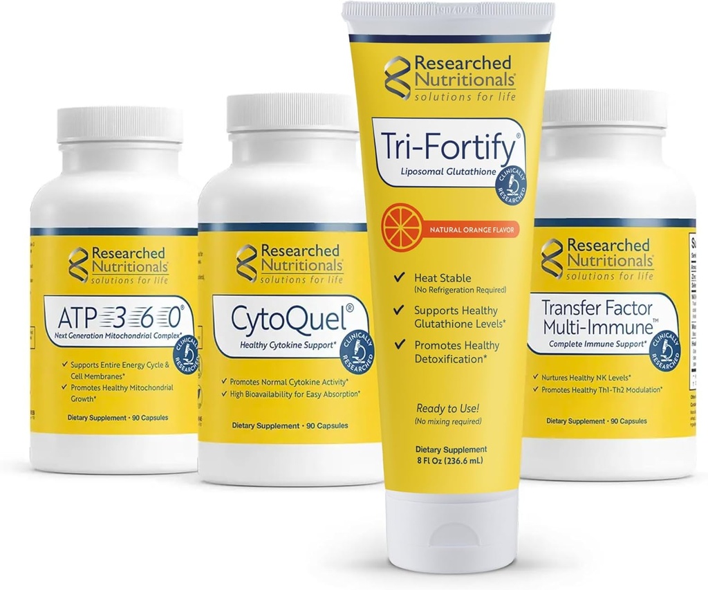 Kit de Fundación Nutricional Investigadora - Tri-Fortify Liposomal Glutathione (450mg) Naranja, Transfer-Factor Multi Immune, ATP 360 " CytoQuel para apoyar la energía, la inmunidad, la respuesta Cytokine " Detox