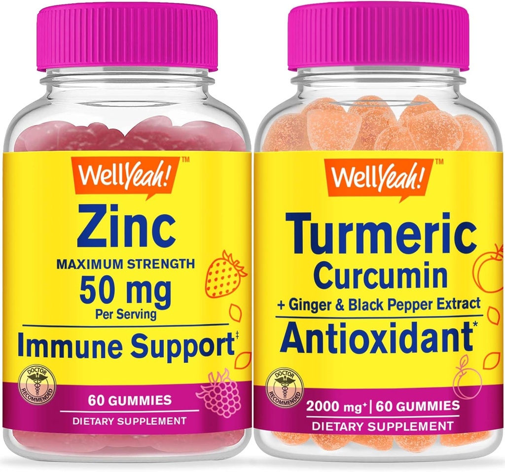 WellSí Zinc + Turmeric Curcumin, Gummies Bundle - Gran Tasting, Suplemento de vitaminas, Gluten Gratis, GMO Gratis, Chewable Gummy