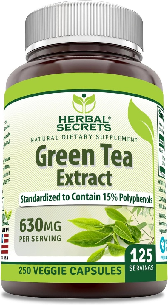 Herbal Secrets Green Tea Extract 630 Mg Por Serving Silencio Veggie Capsule Suplemento Silencio No-GMO Silencio Gluten Free Silencio Made in USA (1 Pack, 250 Cuenta)