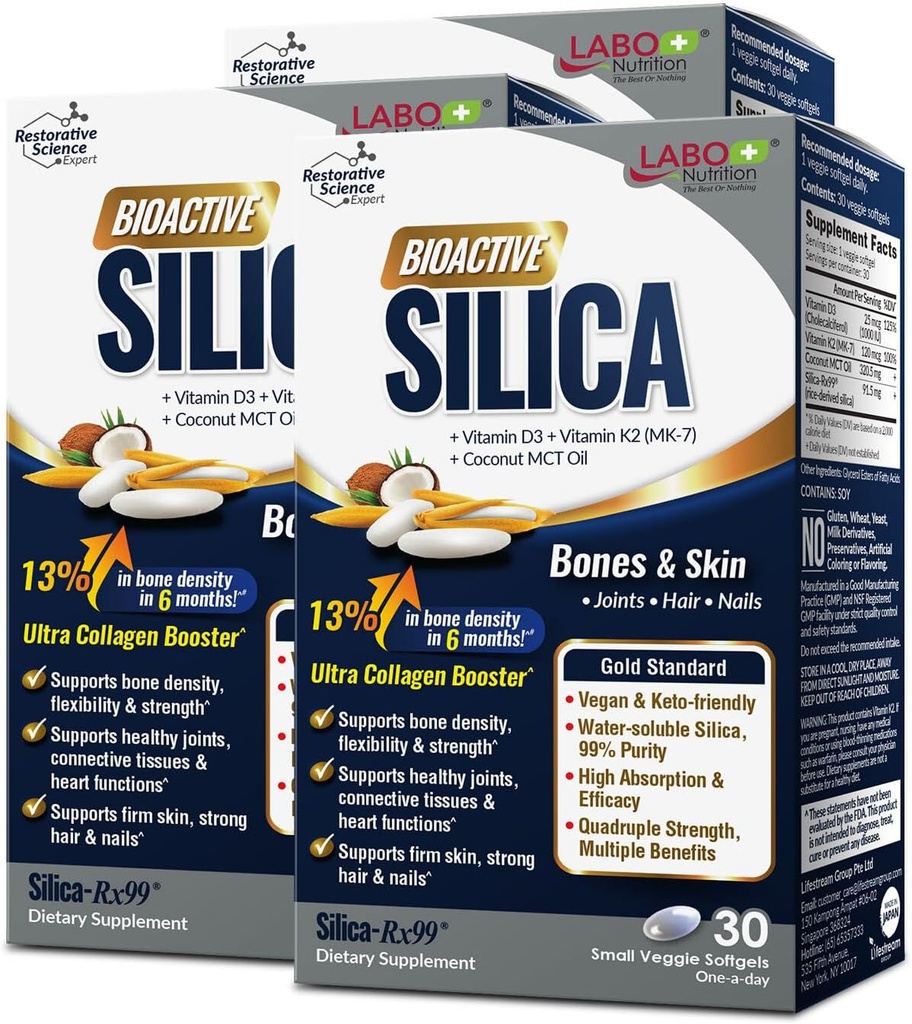LABO Nutrición Bioactive Silica – Para el cabello, la piel, las uñas, la formación de colágeno, la fuerza de bonificación conjunta de bonificación – Soporte de salud de bonificación " Collagen Booster– 99% Purity Rice-Derived Silica Suplemento, 30 Vegan Softgel