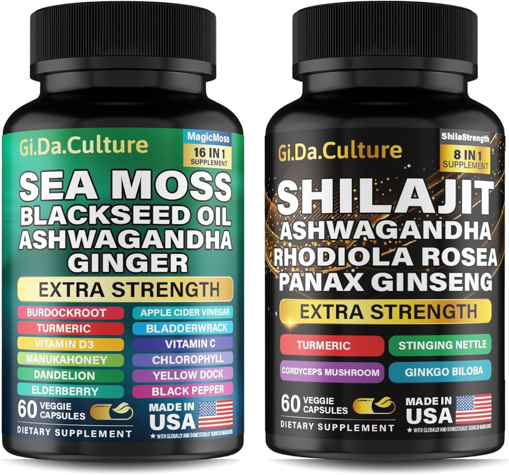 Shilajit and Sea Moss Combo - Sea Moss and Shilajit Bundle with Ashwagandha, Black Seed, Turmeric, Bladderwrack, Burdock, Black Pepper with Vitamins and Antioxidants - 120 Veggie Capsules