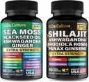 Shilajit and Sea Moss Combo - Sea Moss and Shilajit Bundle with Ashwagandha, Black Seed, Turmeric, Bladderwrack, Burdock, Black Pepper with Vitamins and Antioxidants - 120 Veggie Capsules
