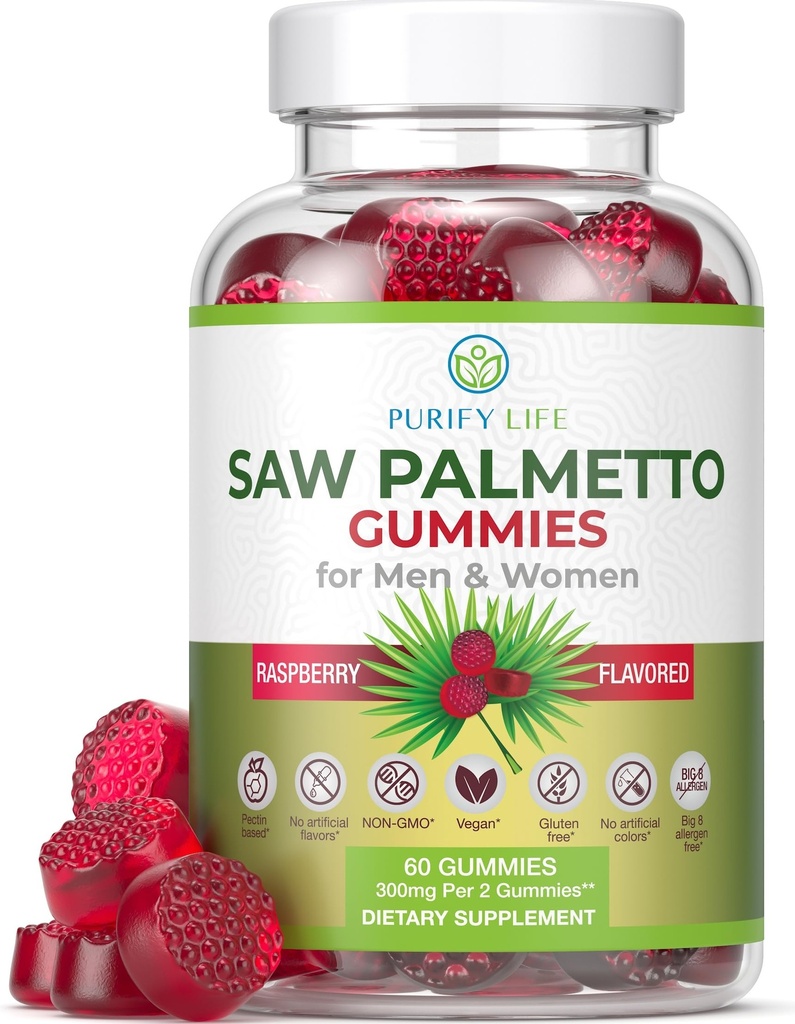 Purify Life Saw Palmetto Gummies for Men & Women - Saw Palmetto Extract Supplement for Hair Growth, Hormone Balance & Prostate Health - Vegan, Pectin Formula, Non-GMO, Gluten Free - 60ct