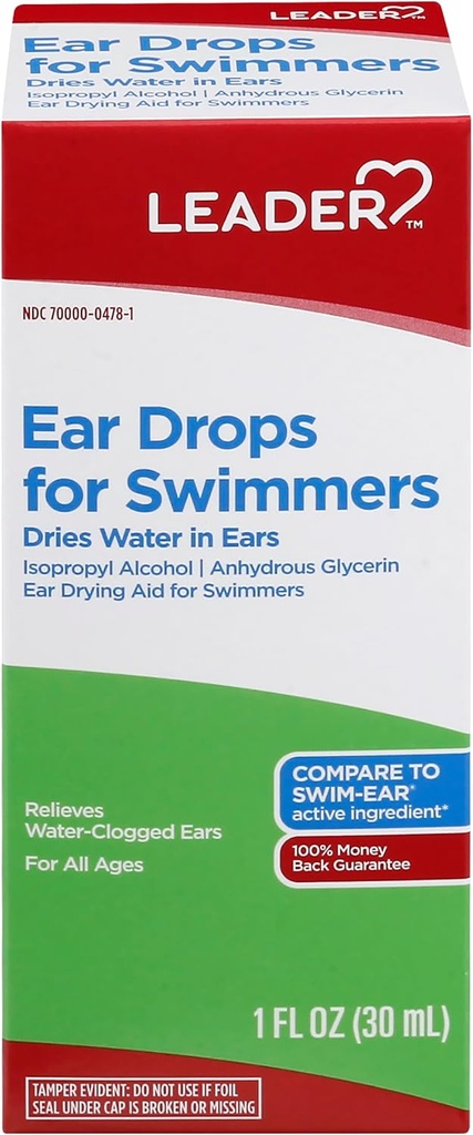 Leader Ear Drops for Swimmers, Dries Water in Ears, Isopropyl Alcohol 95%, All Ages, Compare to Swim-Ear, 1 fl oz