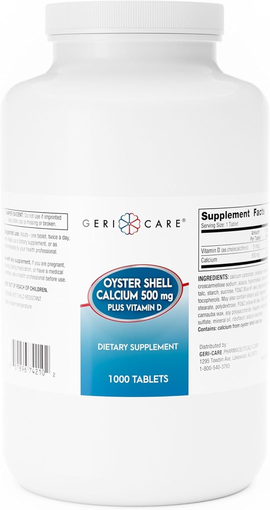 GeriCare Oyster Shell Calcio 500mg + Vitamina D, Bone Health, Suplementos Nutricionales Tablets, 1000 Conde (Pack of 1)