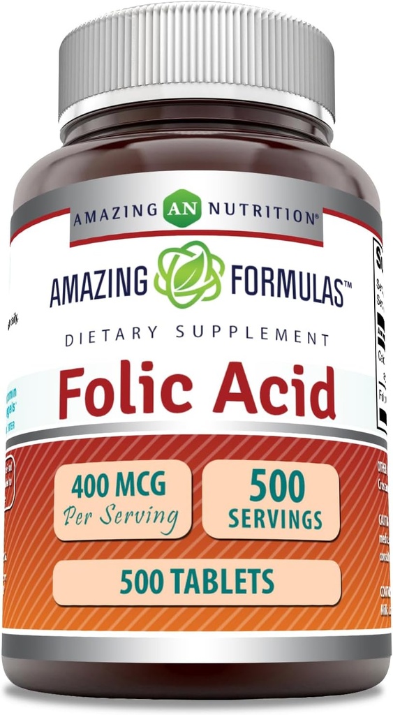 Amazing Formulas Folic Acid (Vitamin B9) 400 mcg tención Tablets Suplemento ← No-GMO TENIDO Gluten Free TEN Made in USA (1 Pack TEN 500 Count)