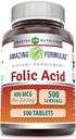 Amazing Formulas Folic Acid (Vitamin B9) 400 mcg tención Tablets Suplemento ← No-GMO TENIDO Gluten Free TEN Made in USA (1 Pack TEN 500 Count)