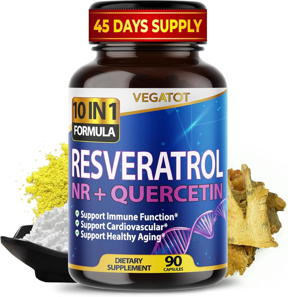 VEGATOT 10 en 1 Resveratrol de alta resistencia con Quercetin Aging saludable Immune Brain Boost Joint Support (90 Count (Pack of 1))