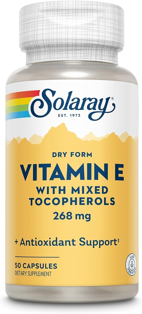 SOLARAY Vitamina E 400 UI (268mg), Forma seca con tocoferoles mixtos Vitamina E - Suplemento antioxidante, PMS y soporte de menopausia - Garantía de 60 días, Lab Verificado - 50 Servimientos, 50 cápsulas