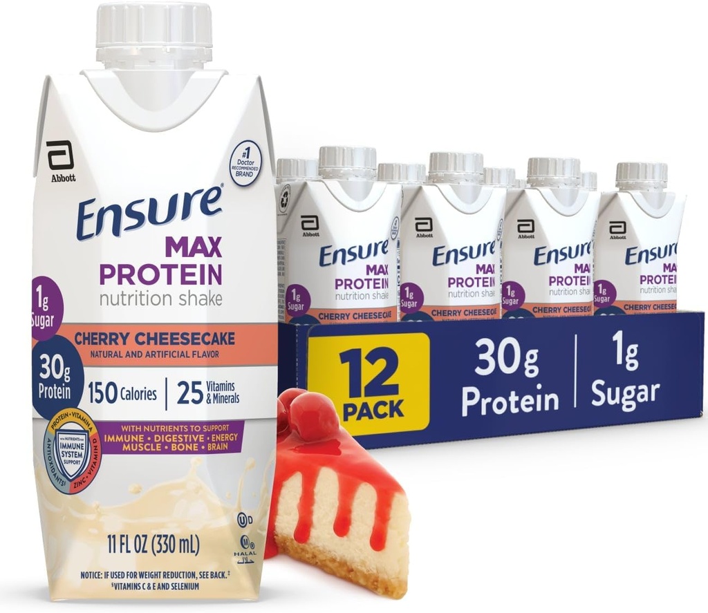 Asegurar Max Protein Shake Silencio Cherry Cheesecake ← Listo para beber Silencio 30g Proteína para la salud muscular Silencio 1g Sugar, 4g Fiber Silencio 11 fl oz, 12 Pack