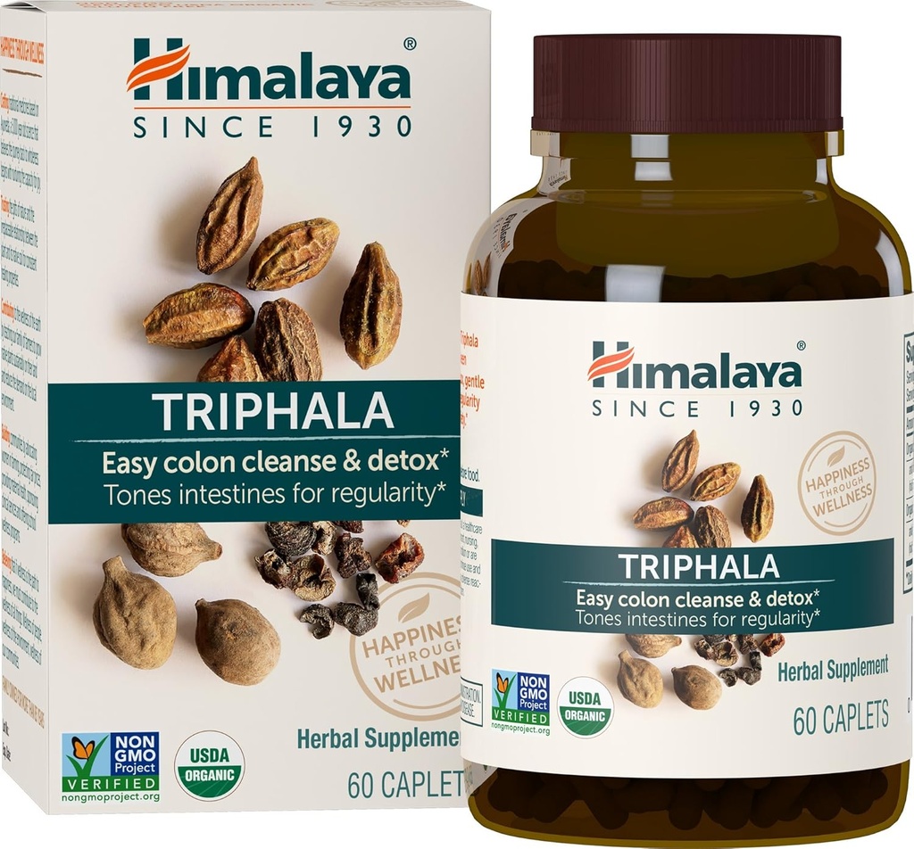 Himalaya Organic Triphala, 2 Month Supply, for Colon Cleanse, Detox " Occasional Constipation, USDA Certified Organic, Non-GMO, Gluten-Free, Extract " Powder Herbal Supplement, 688 mg, 60 cápsulas