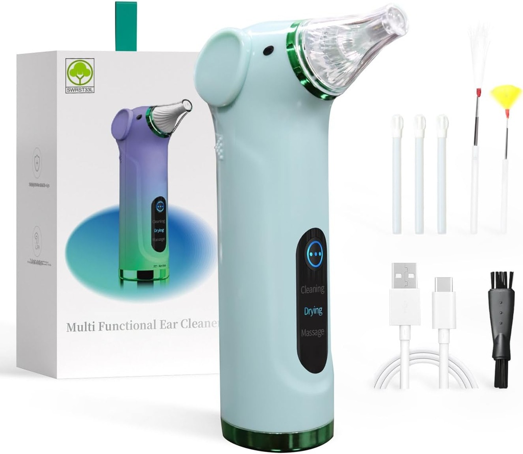 Multi-Functional Electric Ear Wax Removal Tool Ear Cleaning Kit - Drying Ear Canal plagaMassaging Ear, para adultos y niños (Green)