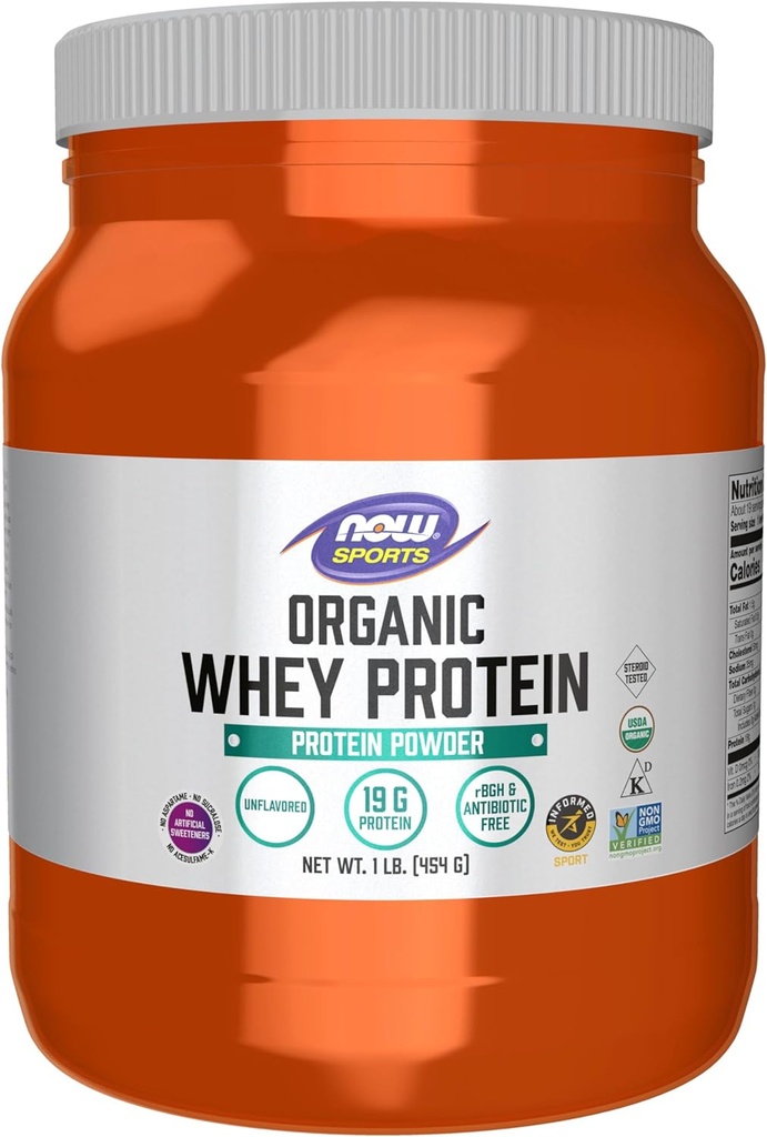 AHORA Foods Sports Nutrition, Certified Organic Whey Protein 19 g, Unflavored Powder, 1-Pound